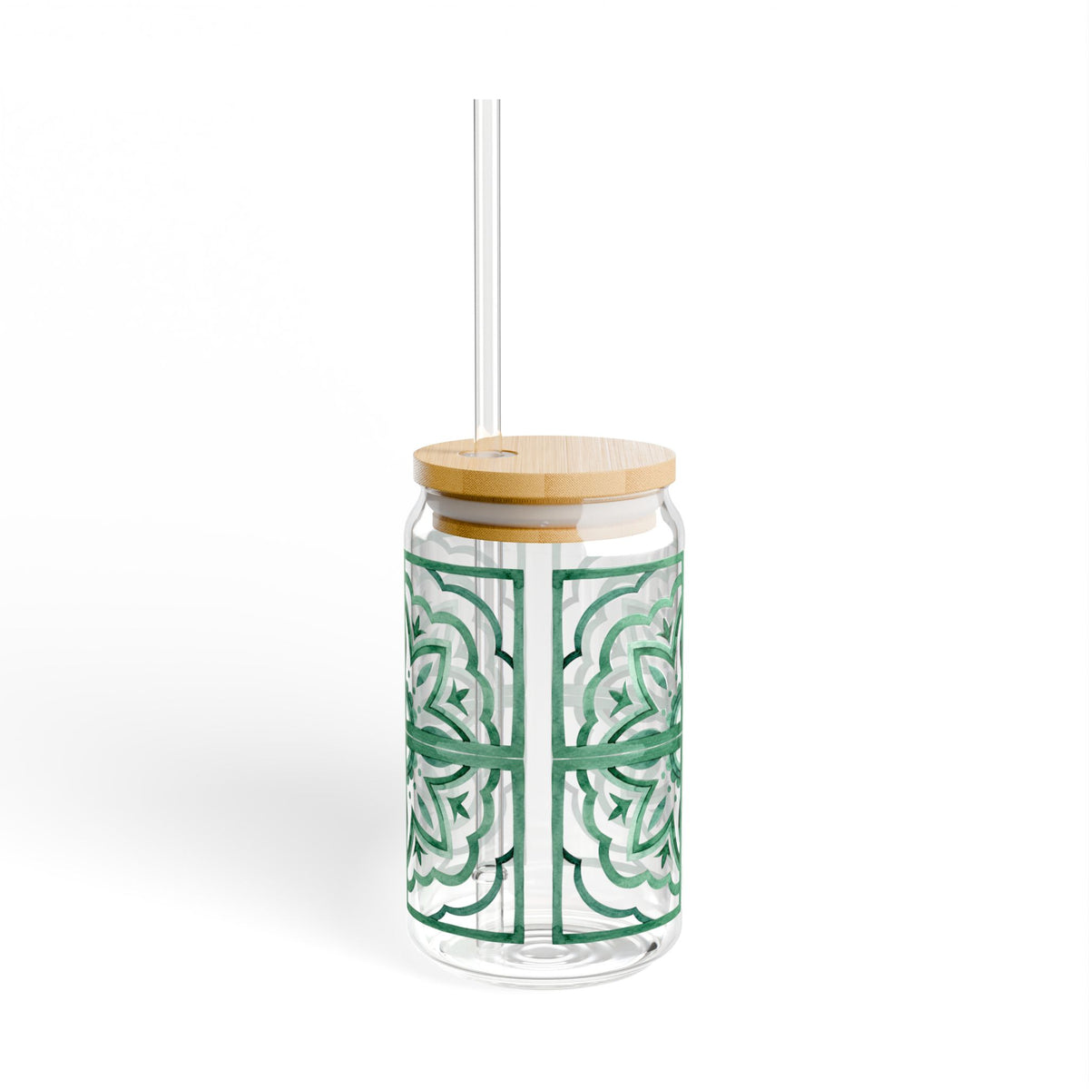Emerald Moroccan Tile Glass Cup with Lid & Straw – 16oz Aesthetic Vintage Drinkware