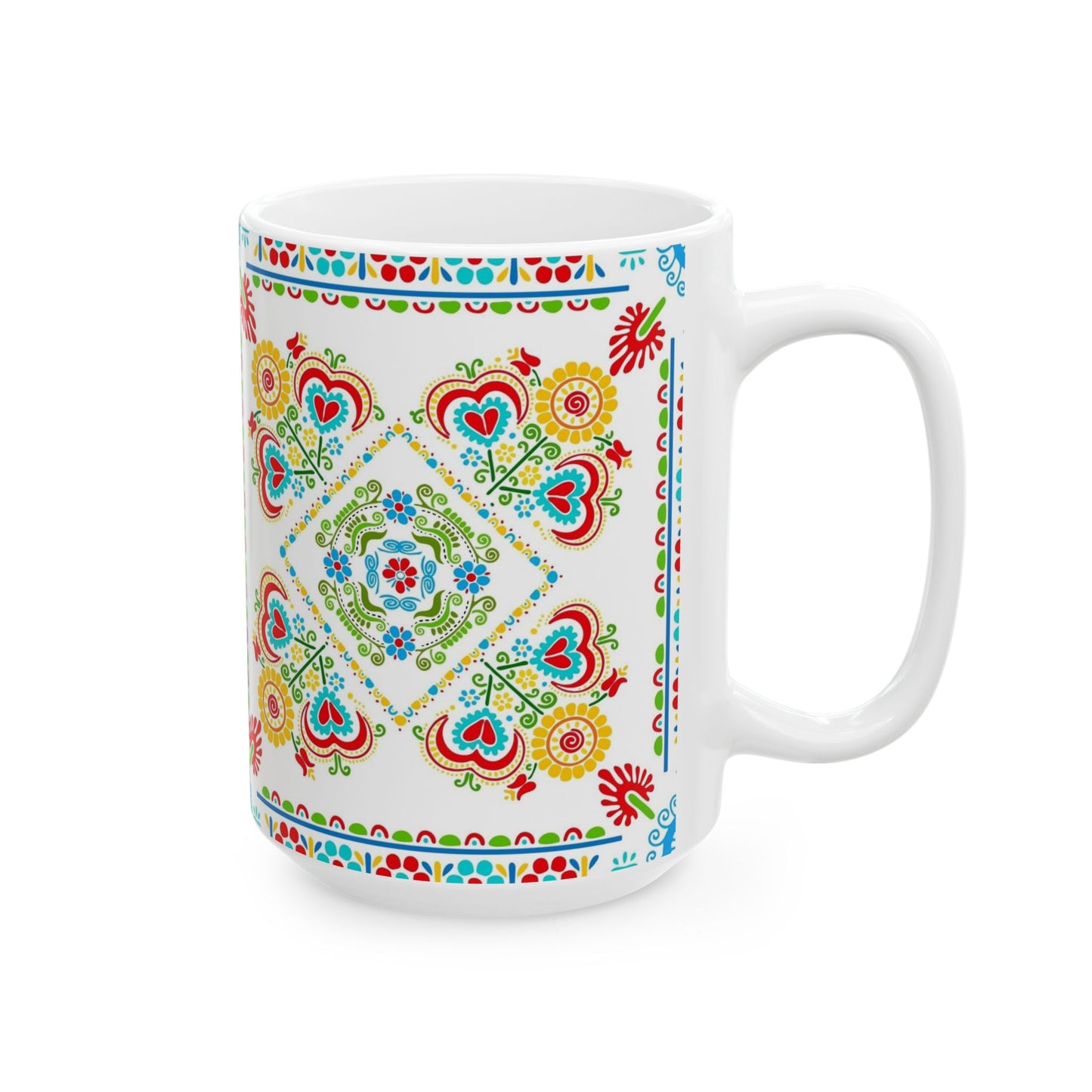 Floral Folk Art Ceramic Mug — Colorful Scandinavian-Inspired Pattern (11oz, 15oz)