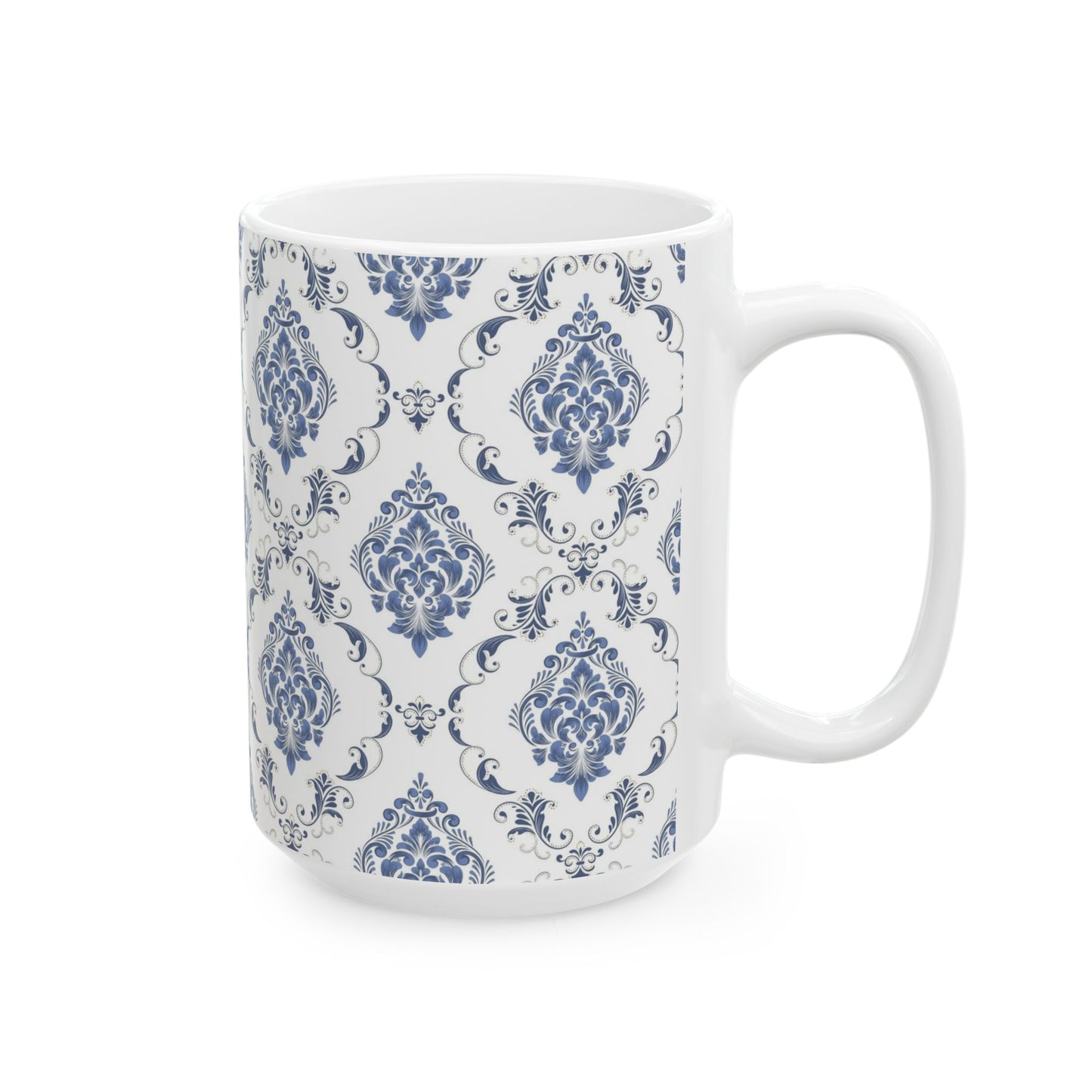 Blue Damask Ceramic Mug — Elegant Vintage Pattern Coffee Cup (11oz, 15oz)