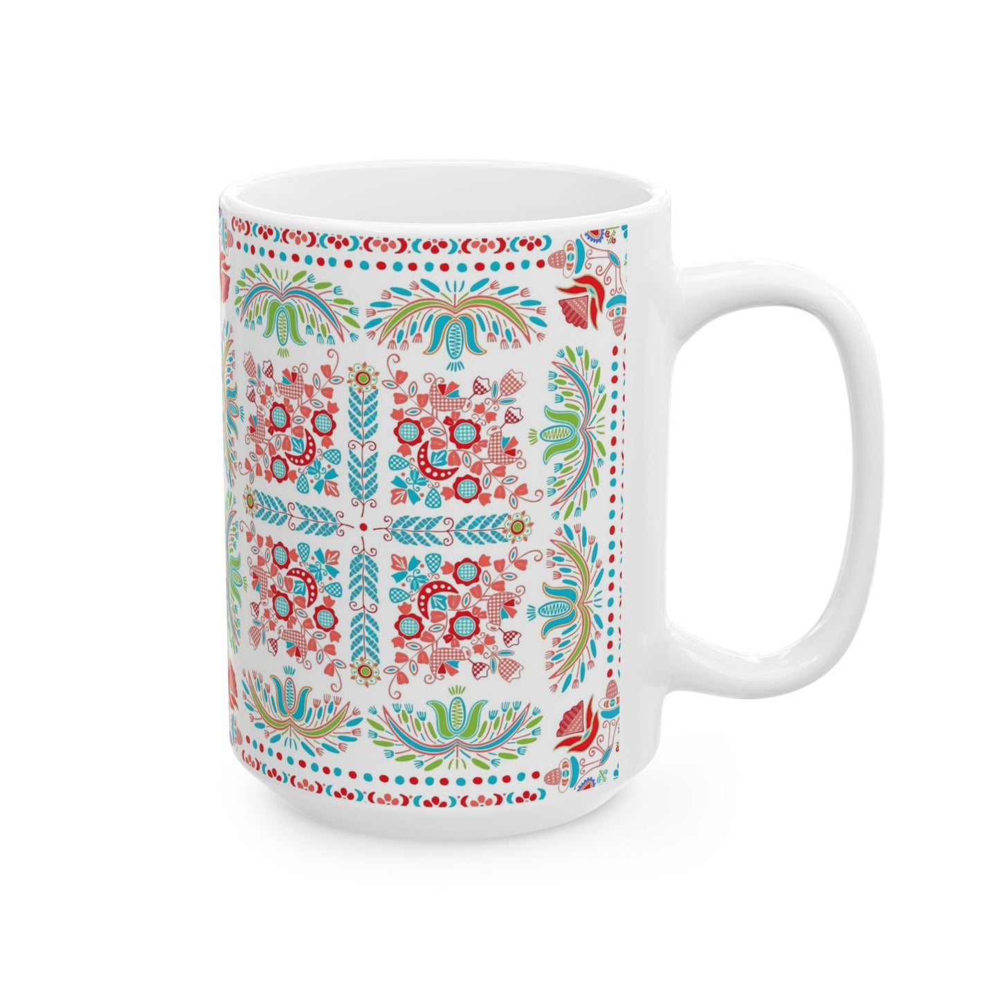 Floral Folk Art Ceramic Mug — Colorful Boho Pattern (11oz & 15oz)