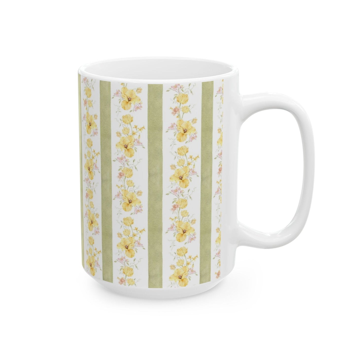 Floral Stripe Ceramic Mug – Vintage Yellow Rose Pattern (11oz & 15oz)