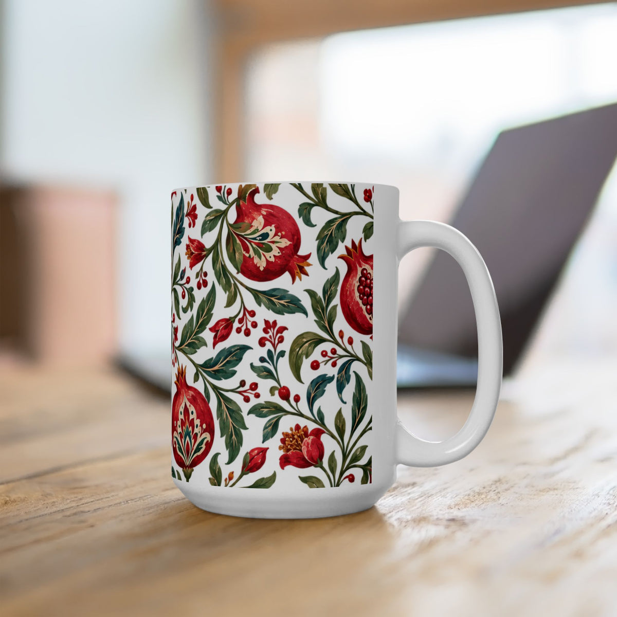 Pomegranate Floral Ceramic Mug — Red & Green Botanical Pattern (11oz, 15oz)