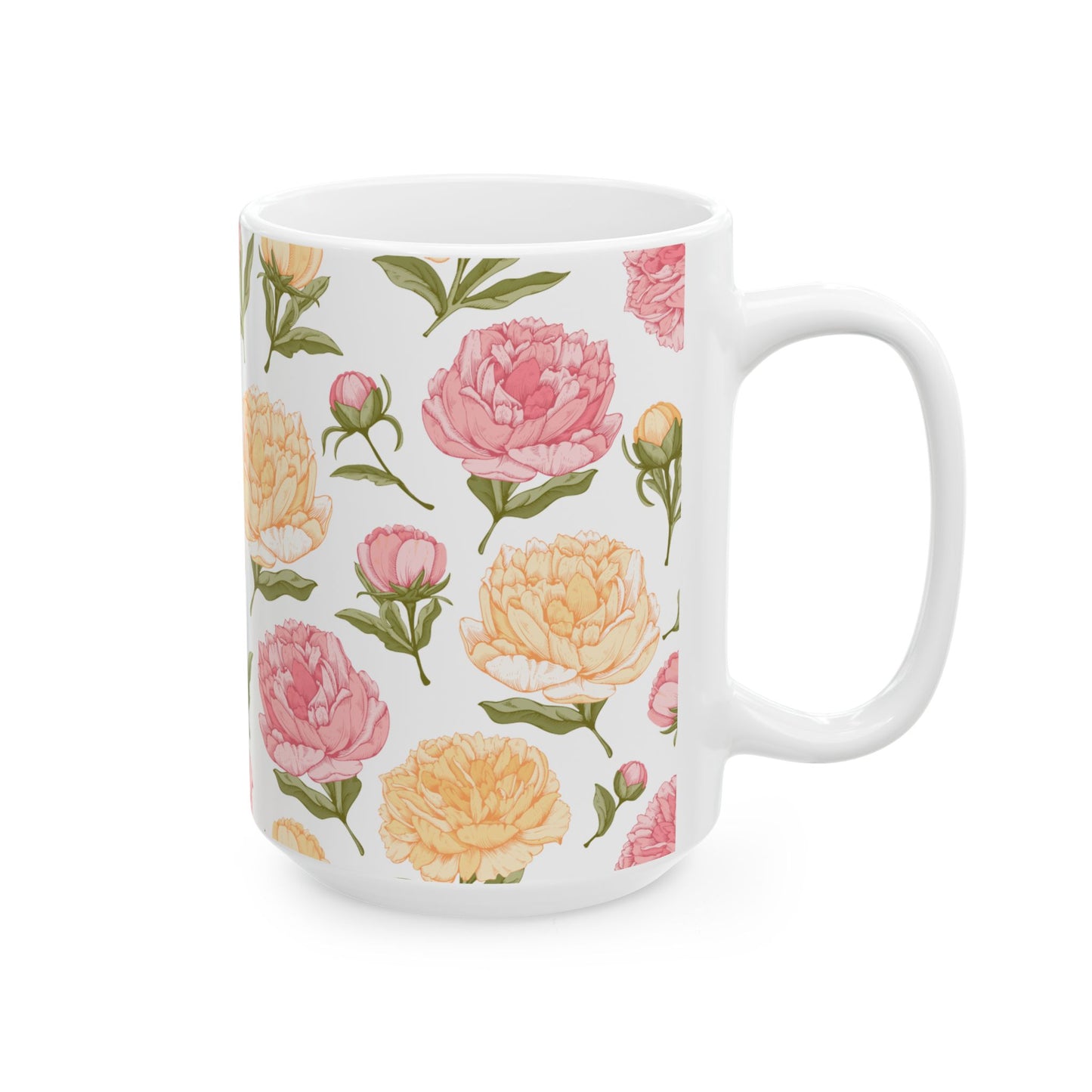 Floral Peony Ceramic Mug – Pink & Peach Vintage Flower Coffee Cup (11oz/15oz)