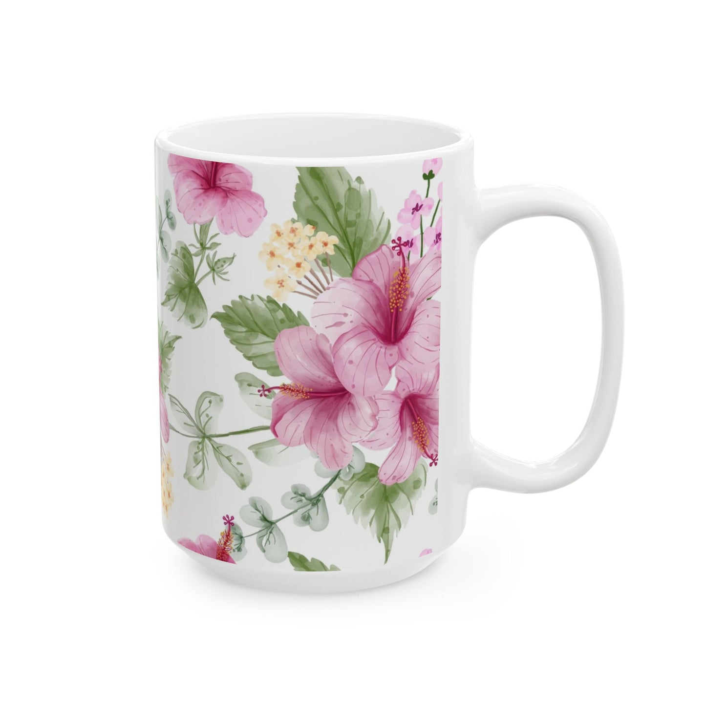 Pink Hibiscus Floral Ceramic Mug – Botanical Coffee Cup (11oz & 15oz)