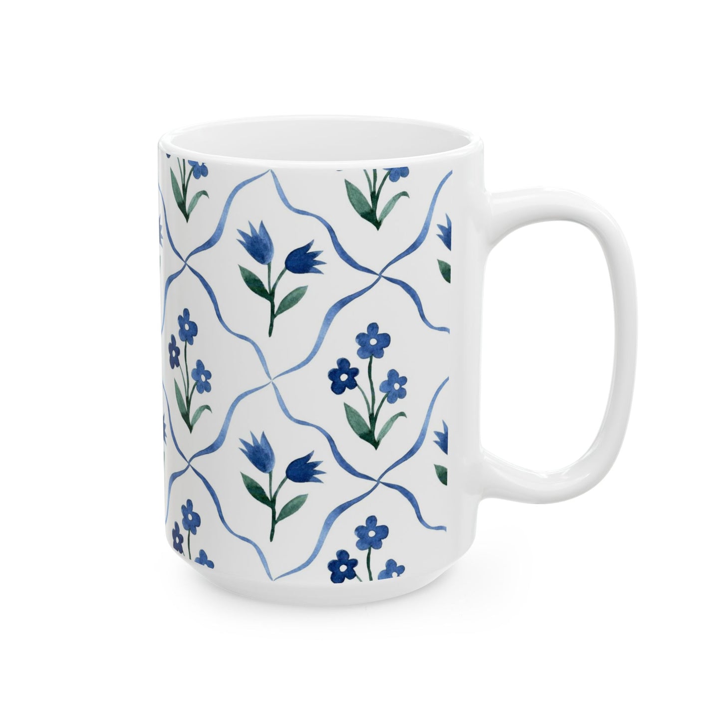 Blue Floral Ceramic Mug — Handpainted Tile Pattern (11oz & 15oz)