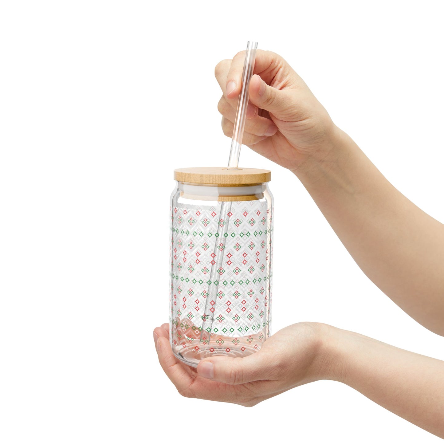 Red Green Ikat Glass Cup with Lid & Straw
