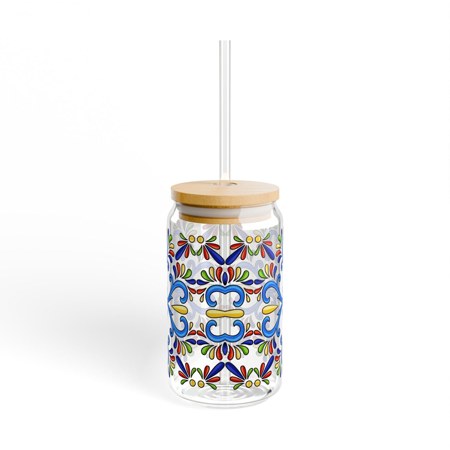 Colorful Folk Mosaic Glass Cup with Lid & Straw