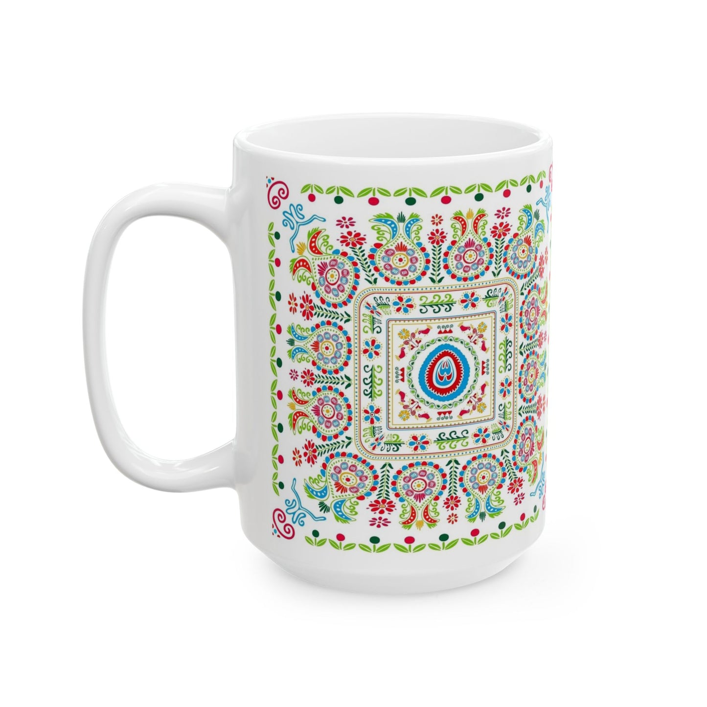 Floral Folk Art Ceramic Mug — Colorful Boho 11oz & 15oz Coffee Cup