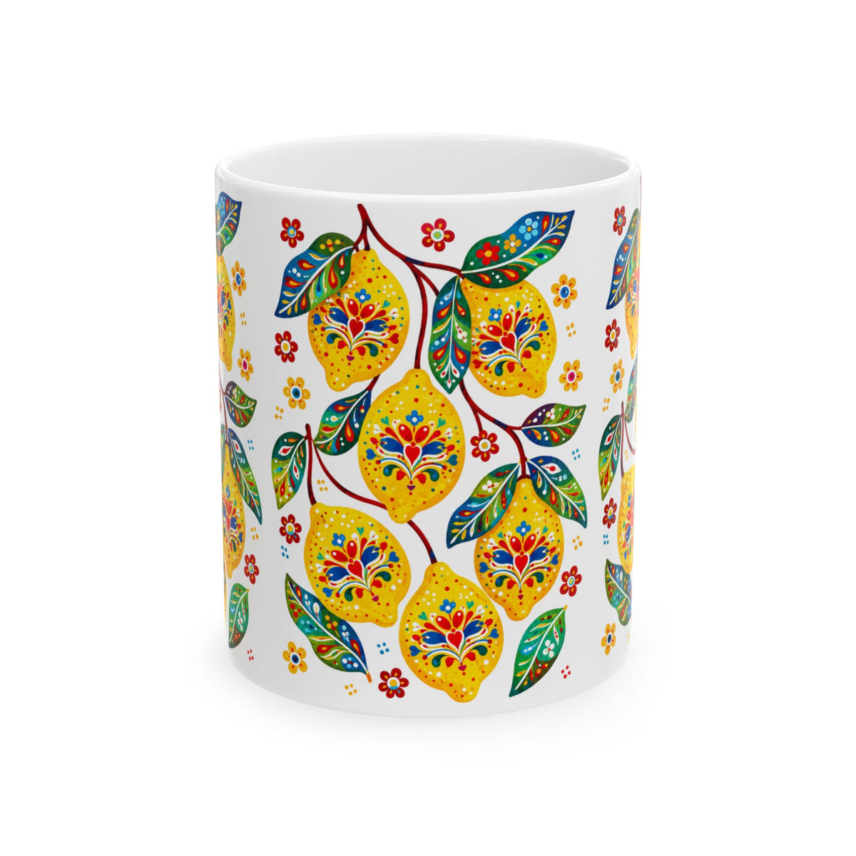 Lemon Blossom Ceramic Mug — Colorful Floral Fruit Pattern (11oz, 15oz)