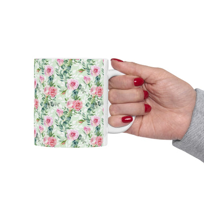 Floral Rose Watercolor Ceramic Mug — Pink Garden Pattern (11oz & 15oz)