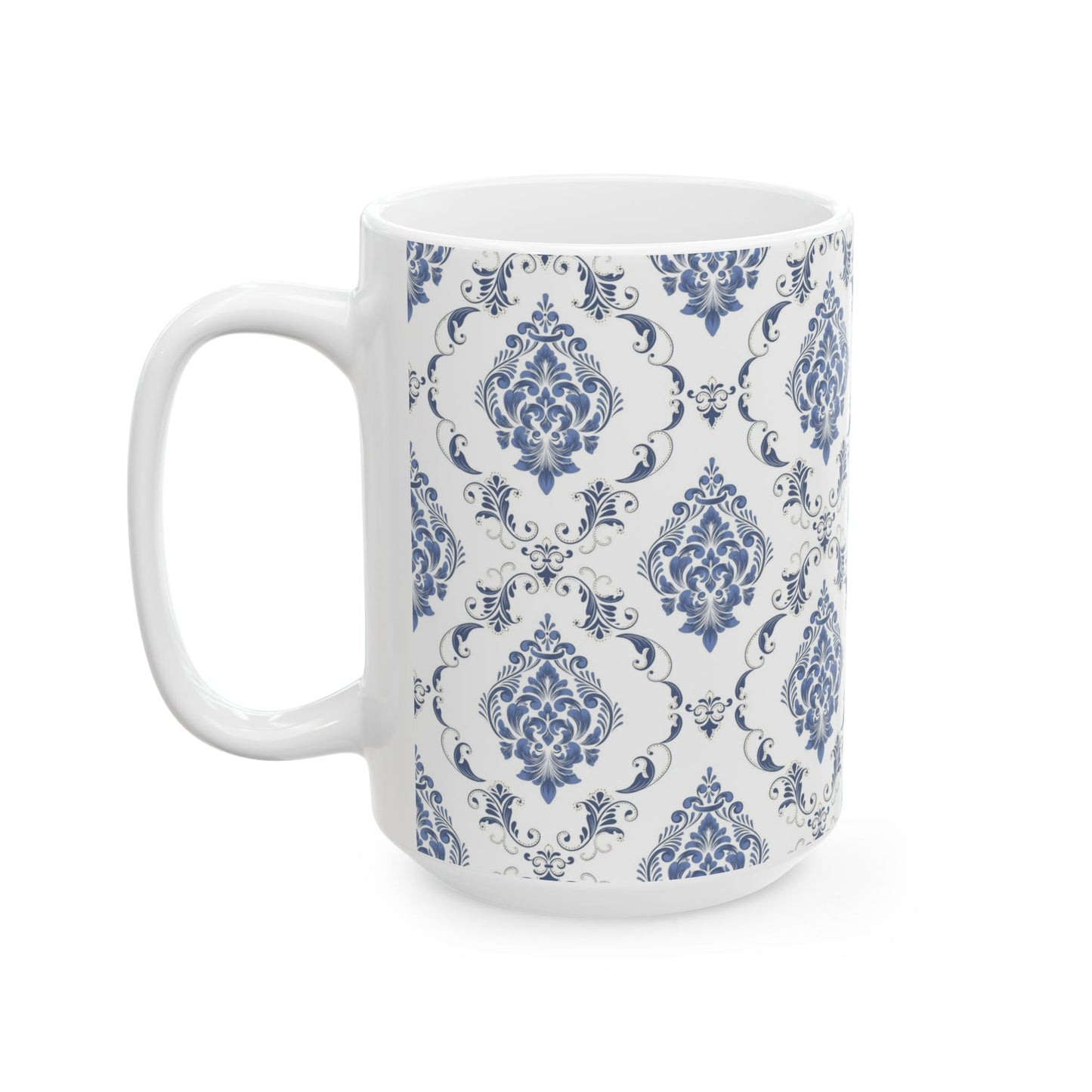 Blue Damask Ceramic Mug — Elegant Vintage Pattern Coffee Cup (11oz, 15oz)