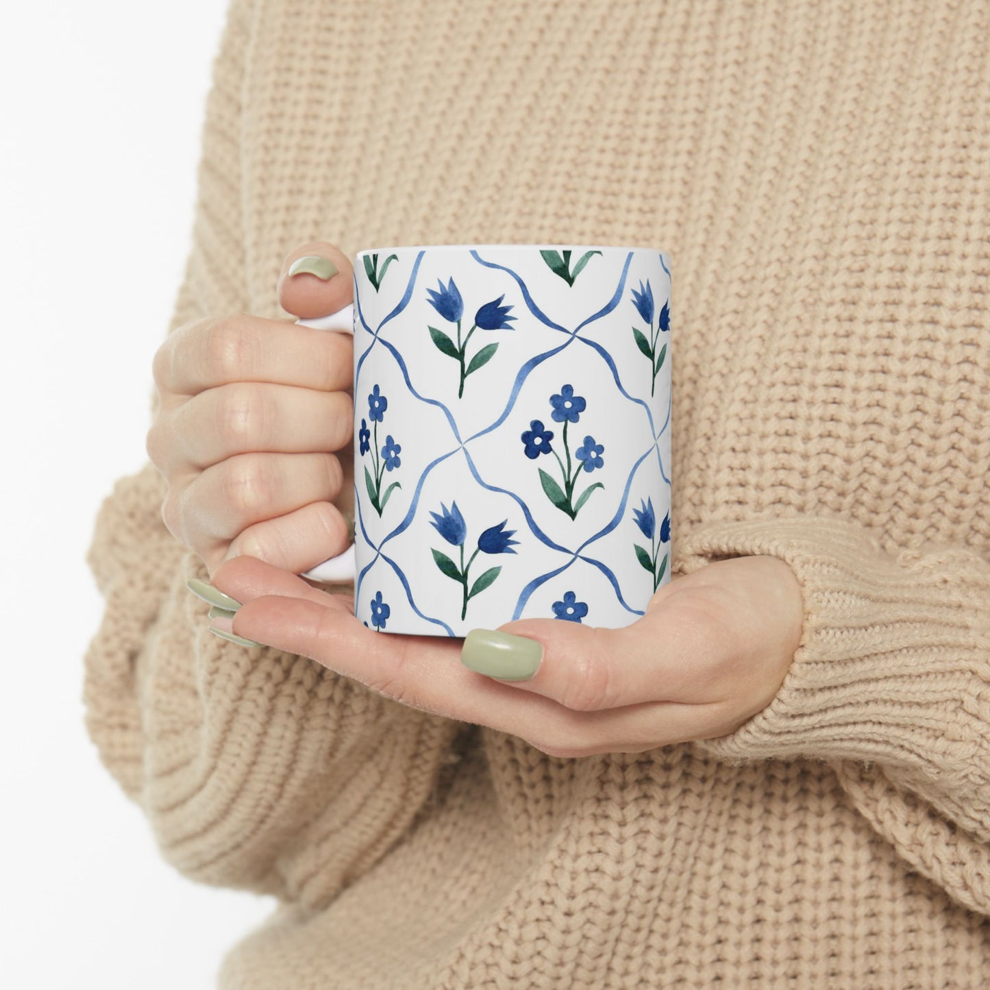 Blue Floral Ceramic Mug — Handpainted Tile Pattern (11oz & 15oz)