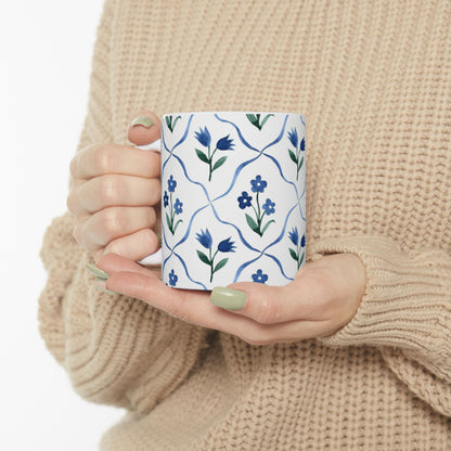 Blue Floral Ceramic Mug — Handpainted Tile Pattern (11oz & 15oz)