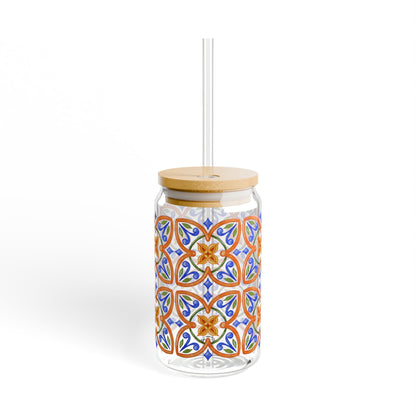 Terracotta Mediterranean Tile Glass Cup with Lid & Straw, 16oz Vintage Mosaic Drinkware