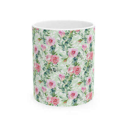 Floral Rose Watercolor Ceramic Mug — Pink Garden Pattern (11oz & 15oz)