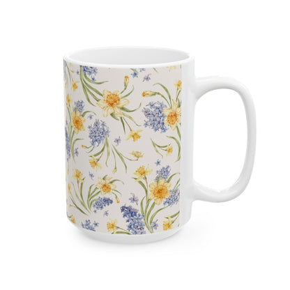 Floral Spring Bouquet Ceramic Mug — Blue Hyacinth & Yellow Daffodil 11oz/15oz