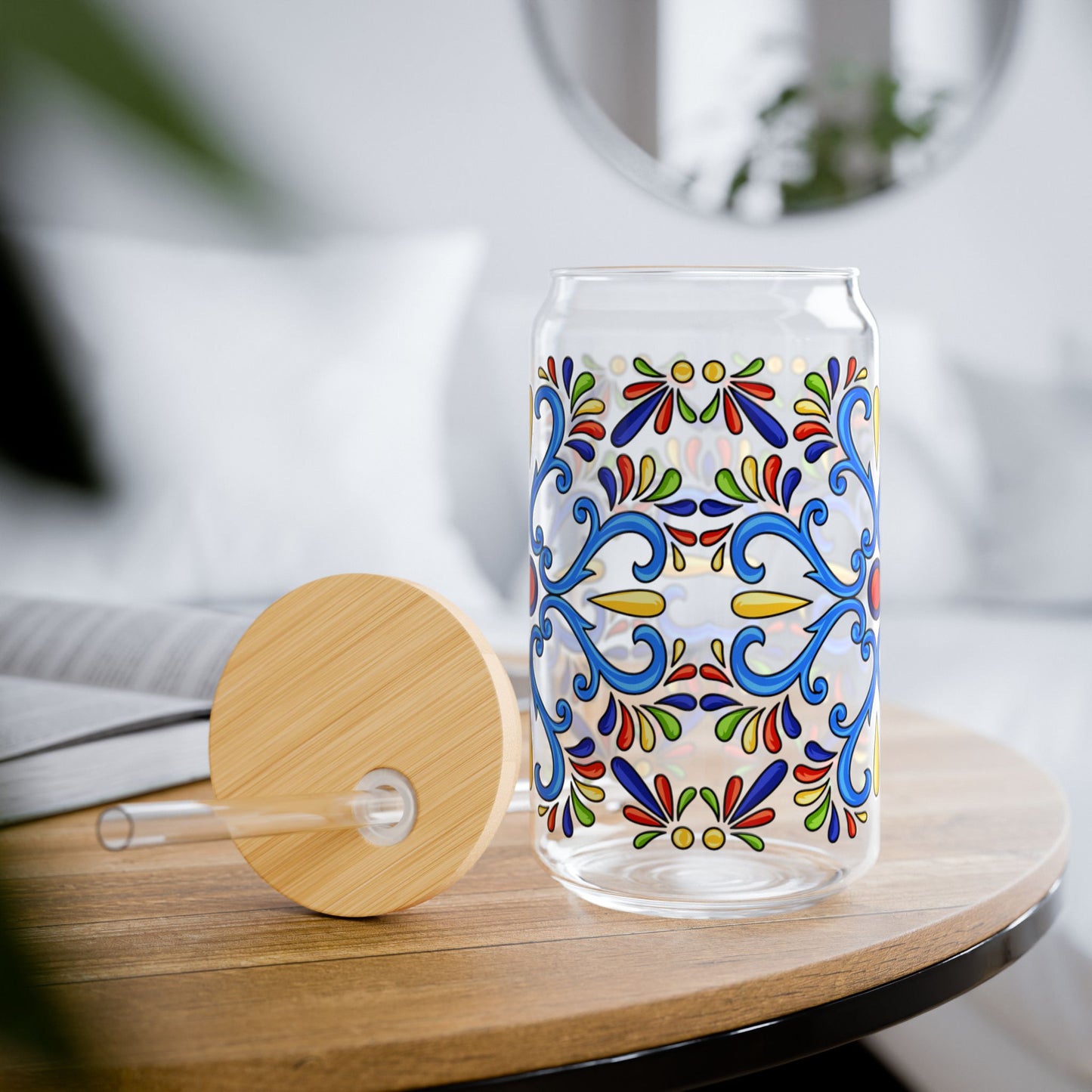 Colorful Folk Mosaic Glass Cup with Lid & Straw