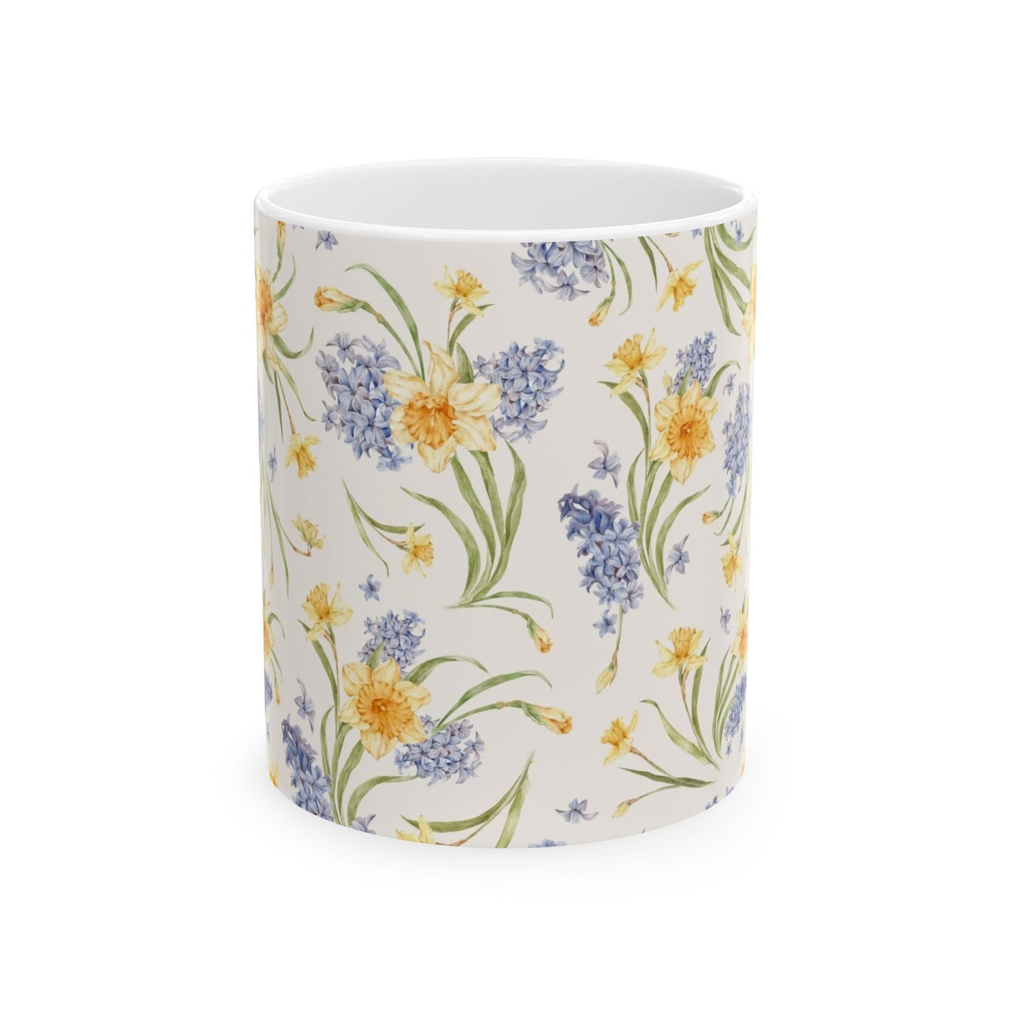 Floral Spring Bouquet Ceramic Mug — Blue Hyacinth & Yellow Daffodil 11oz/15oz