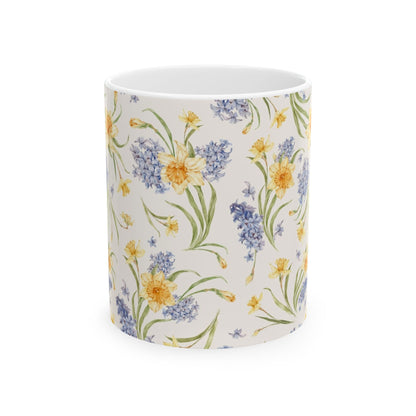 Floral Spring Bouquet Ceramic Mug — Blue Hyacinth & Yellow Daffodil 11oz/15oz