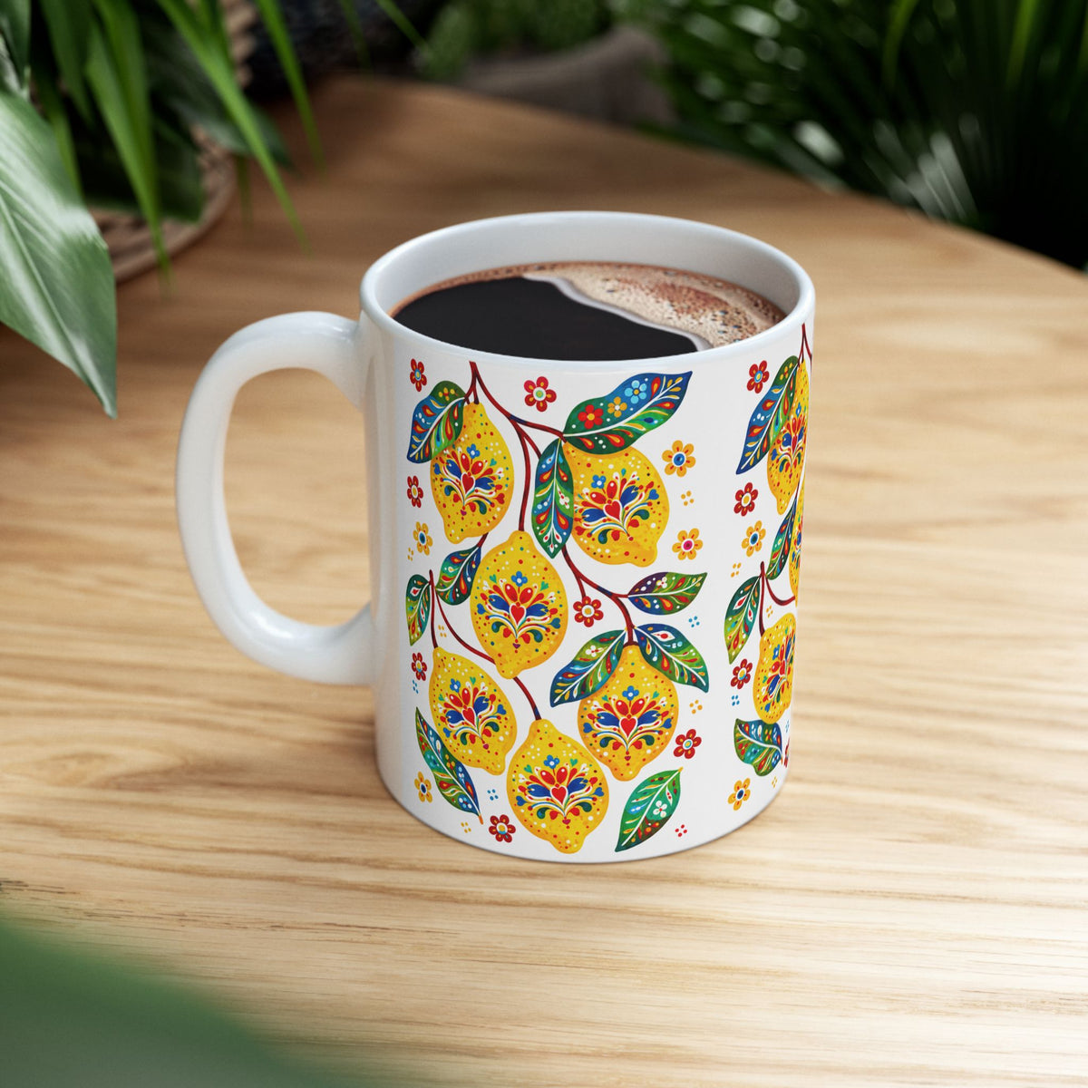 Lemon Blossom Ceramic Mug — Colorful Floral Fruit Pattern (11oz, 15oz)
