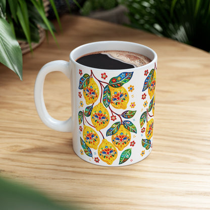 Lemon Blossom Ceramic Mug — Colorful Floral Fruit Pattern (11oz, 15oz)