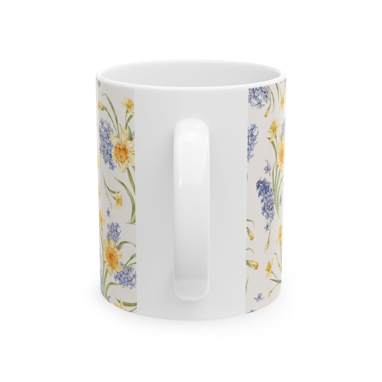 Floral Spring Bouquet Ceramic Mug — Blue Hyacinth & Yellow Daffodil 11oz/15oz