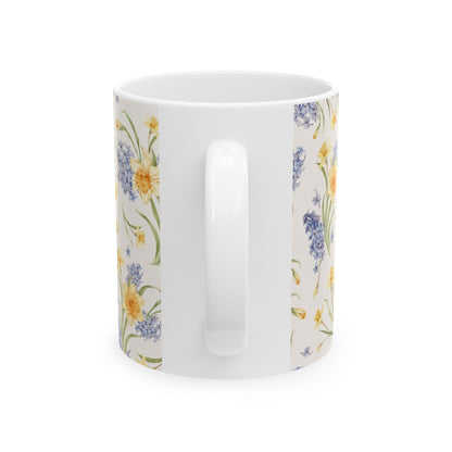 Floral Spring Bouquet Ceramic Mug — Blue Hyacinth & Yellow Daffodil 11oz/15oz