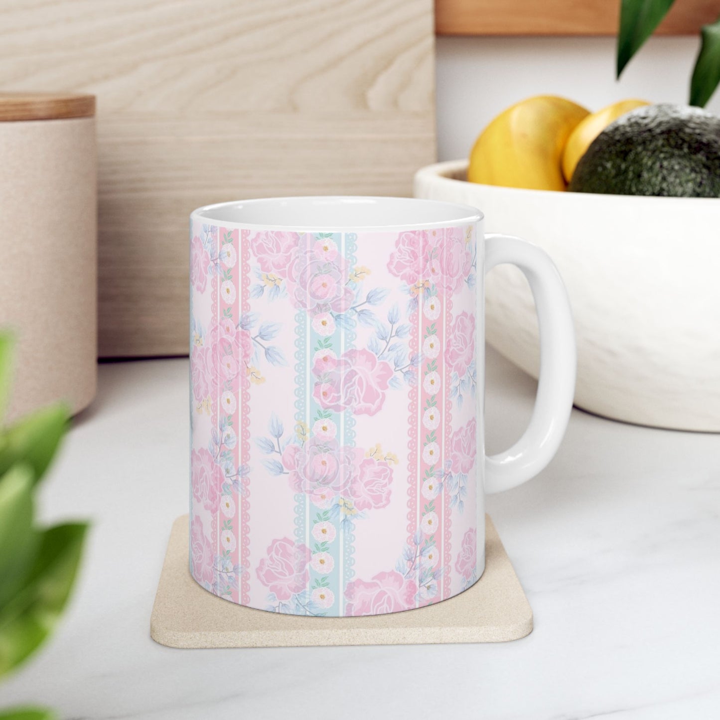 Floral Vintage Stripe Ceramic Mug (11oz, 15oz)