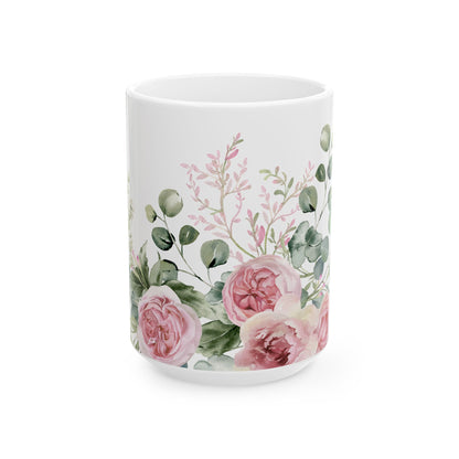 Floral Rose Garden Ceramic Mug — Pink Watercolor Bouquet (11oz & 15oz)