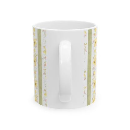 Floral Stripe Ceramic Mug – Vintage Yellow Rose Pattern (11oz & 15oz)