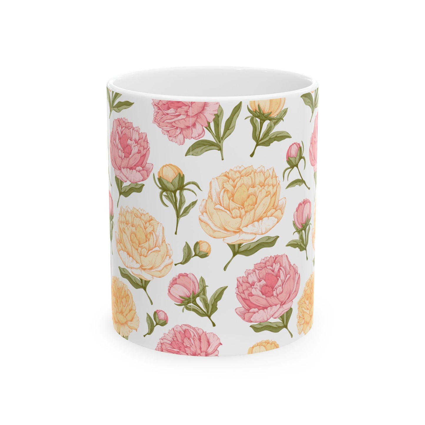 Floral Peony Ceramic Mug – Pink & Peach Vintage Flower Coffee Cup (11oz/15oz)