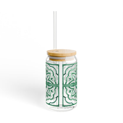 Emerald Moroccan Tile Glass Cup with Lid & Straw – 16oz Aesthetic Vintage Drinkware