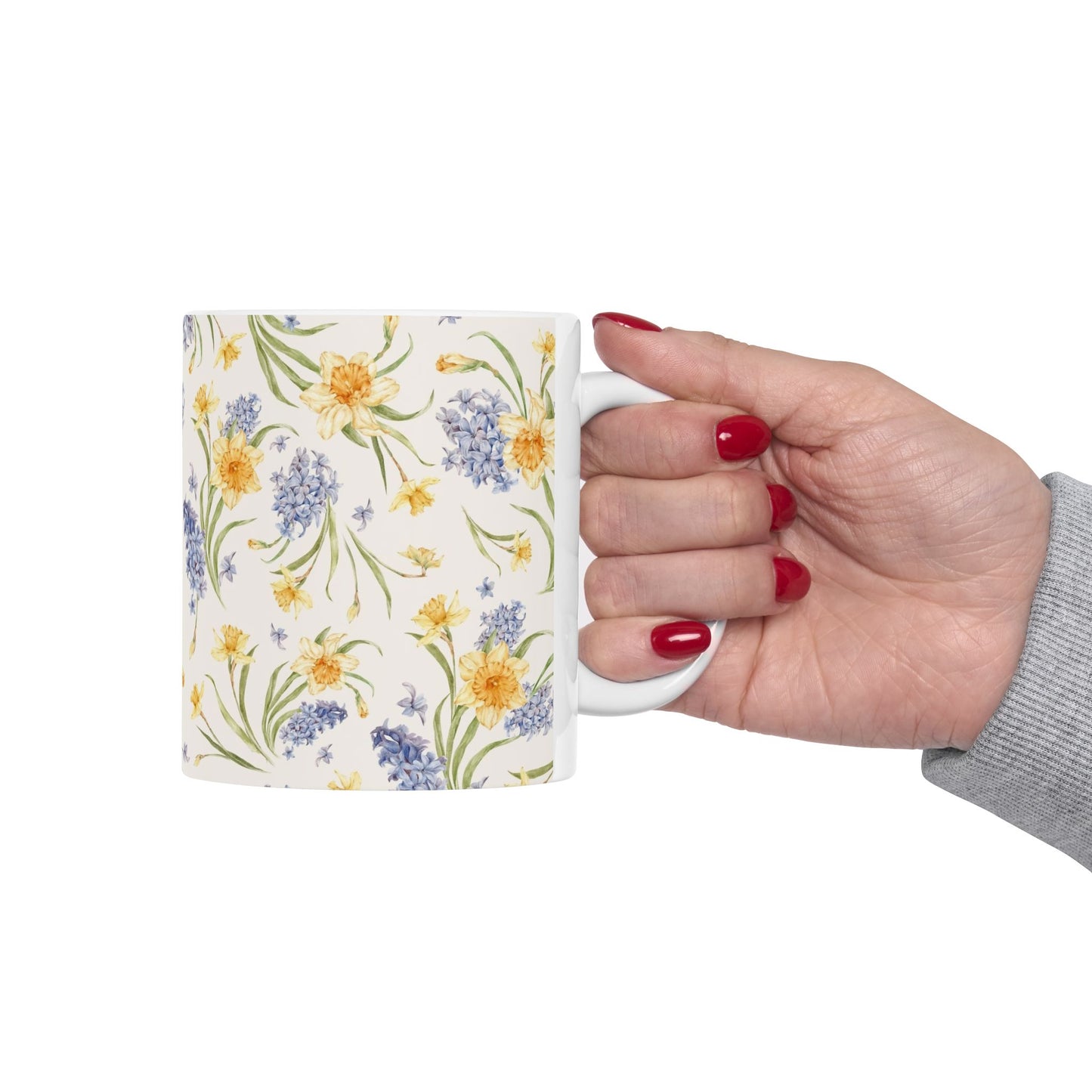 Floral Spring Bouquet Ceramic Mug — Blue Hyacinth & Yellow Daffodil 11oz/15oz