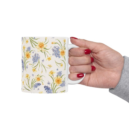 Floral Spring Bouquet Ceramic Mug — Blue Hyacinth & Yellow Daffodil 11oz/15oz