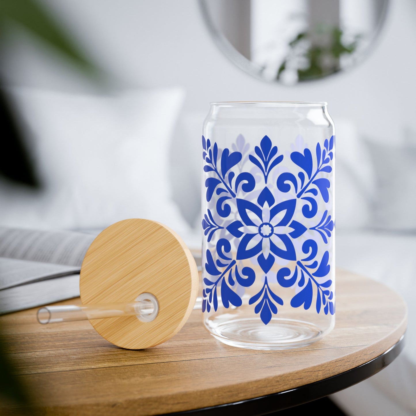 Blue Floral Mason Sipper Glass