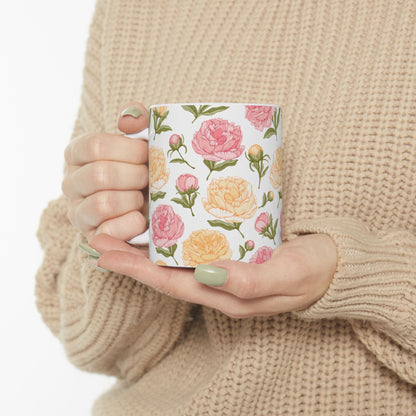 Floral Peony Ceramic Mug – Pink & Peach Vintage Flower Coffee Cup (11oz/15oz)