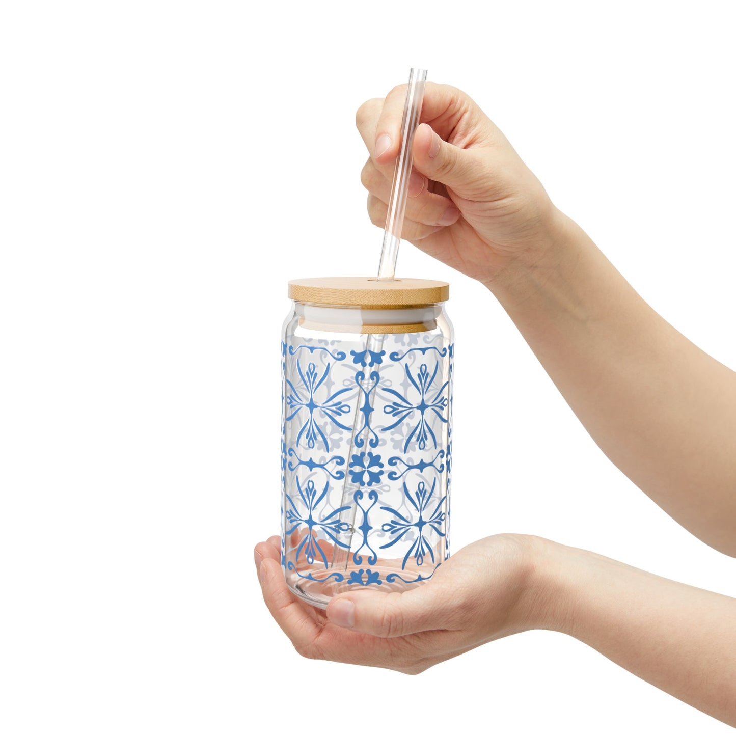 Blue Ornamental Glass Cup with Lid & Straw – 16oz Vintage Floral Drinkware