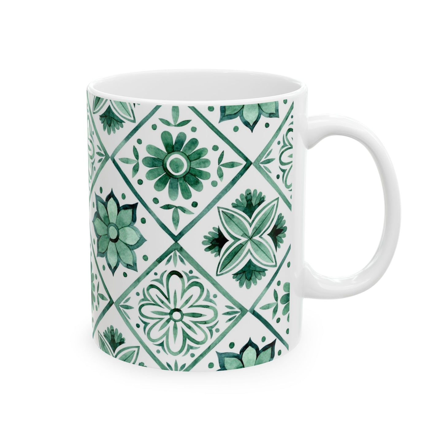 Green Tile Pattern Ceramic Mug — Boho Floral Moroccan-Style 11oz & 15oz