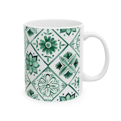 Green Tile Pattern Ceramic Mug — Boho Floral Moroccan-Style 11oz & 15oz