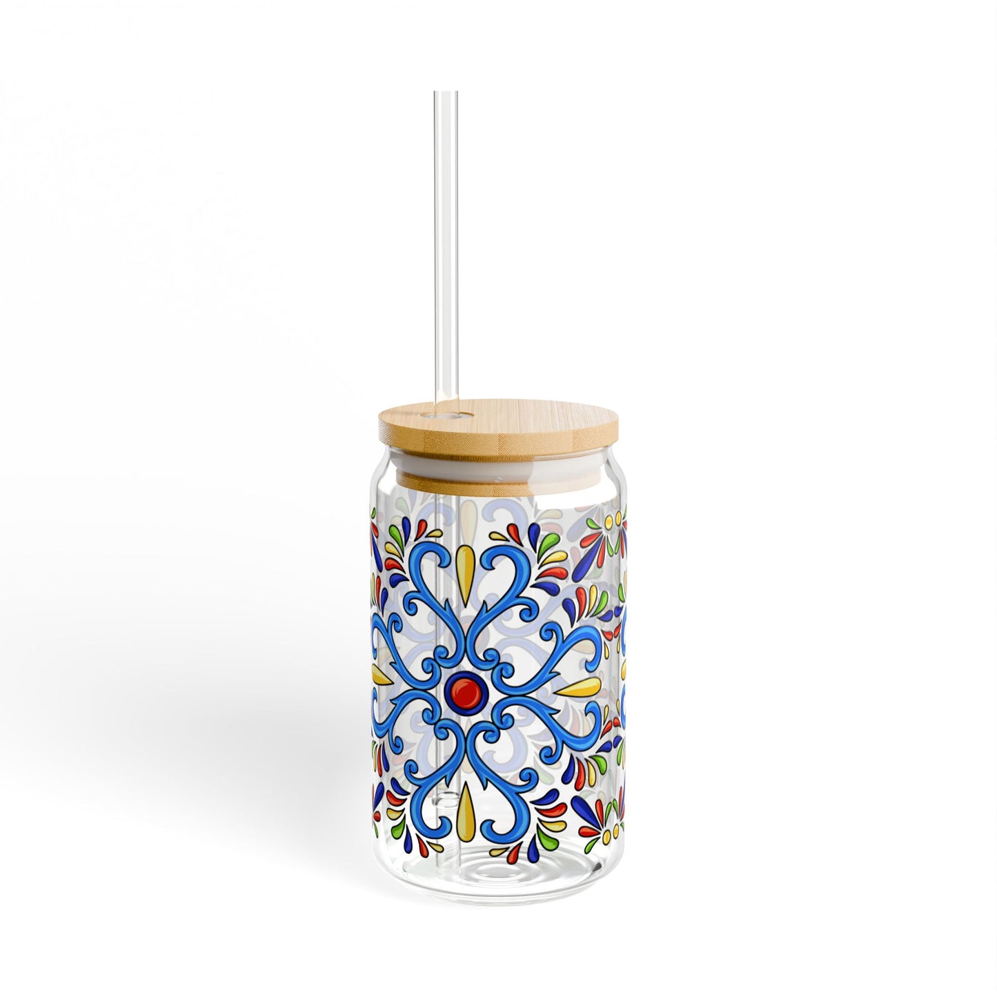 Colorful Folk Mosaic Glass Cup with Lid & Straw
