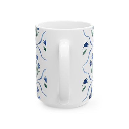 Blue Floral Ceramic Mug — Handpainted Tile Pattern (11oz & 15oz)