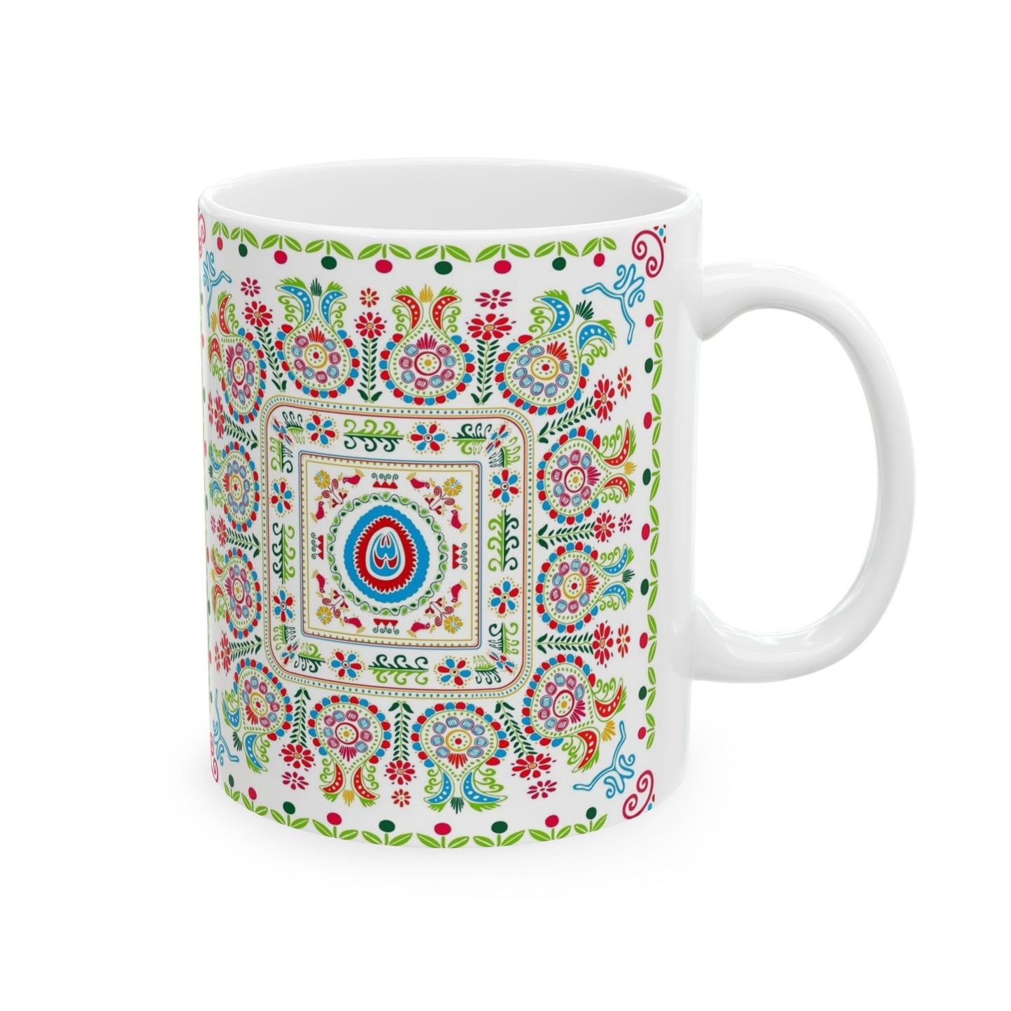 Floral Folk Art Ceramic Mug — Colorful Boho 11oz & 15oz Coffee Cup