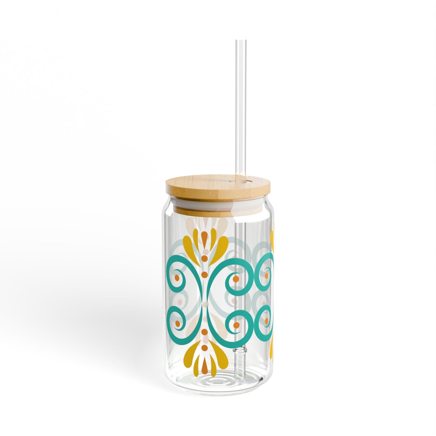 Turquoise Floral Glass Cup with Lid & Straw