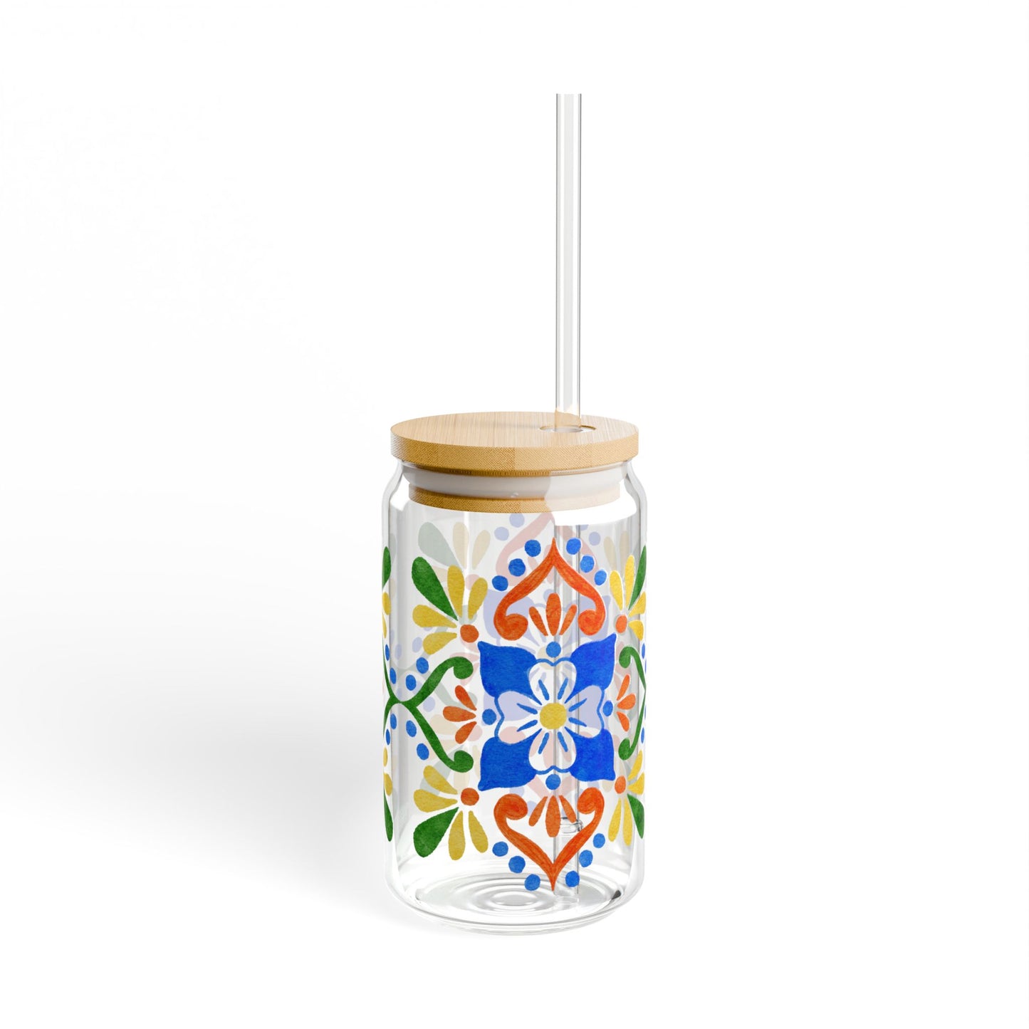 Colorful Mediterranean Floral Glass Cup with Lid & Straw