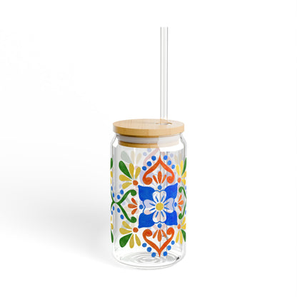 Colorful Mediterranean Floral Glass Cup with Lid & Straw