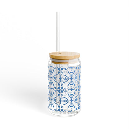 Blue Ornamental Glass Cup with Lid & Straw – 16oz Vintage Floral Drinkware