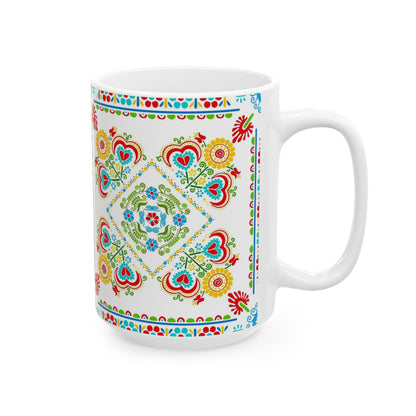 Floral Folk Art Ceramic Mug — Colorful Scandinavian-Inspired Pattern (11oz, 15oz)
