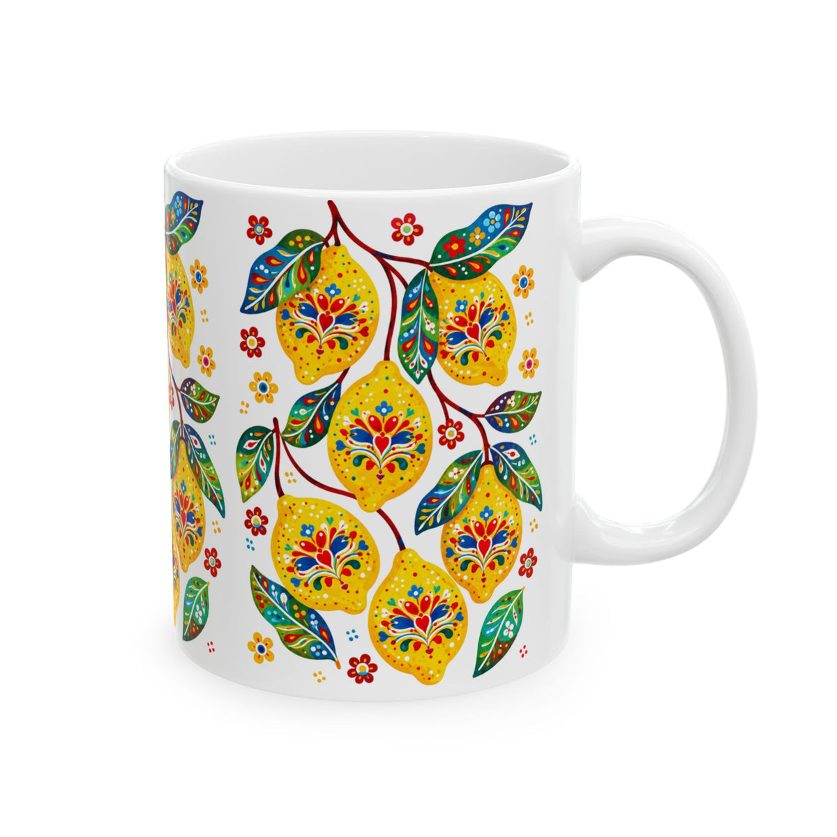 Lemon Blossom Ceramic Mug — Colorful Floral Fruit Pattern (11oz, 15oz)