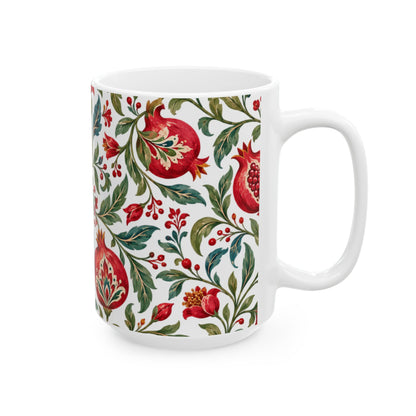 Pomegranate Floral Ceramic Mug — Red & Green Botanical Pattern (11oz, 15oz)