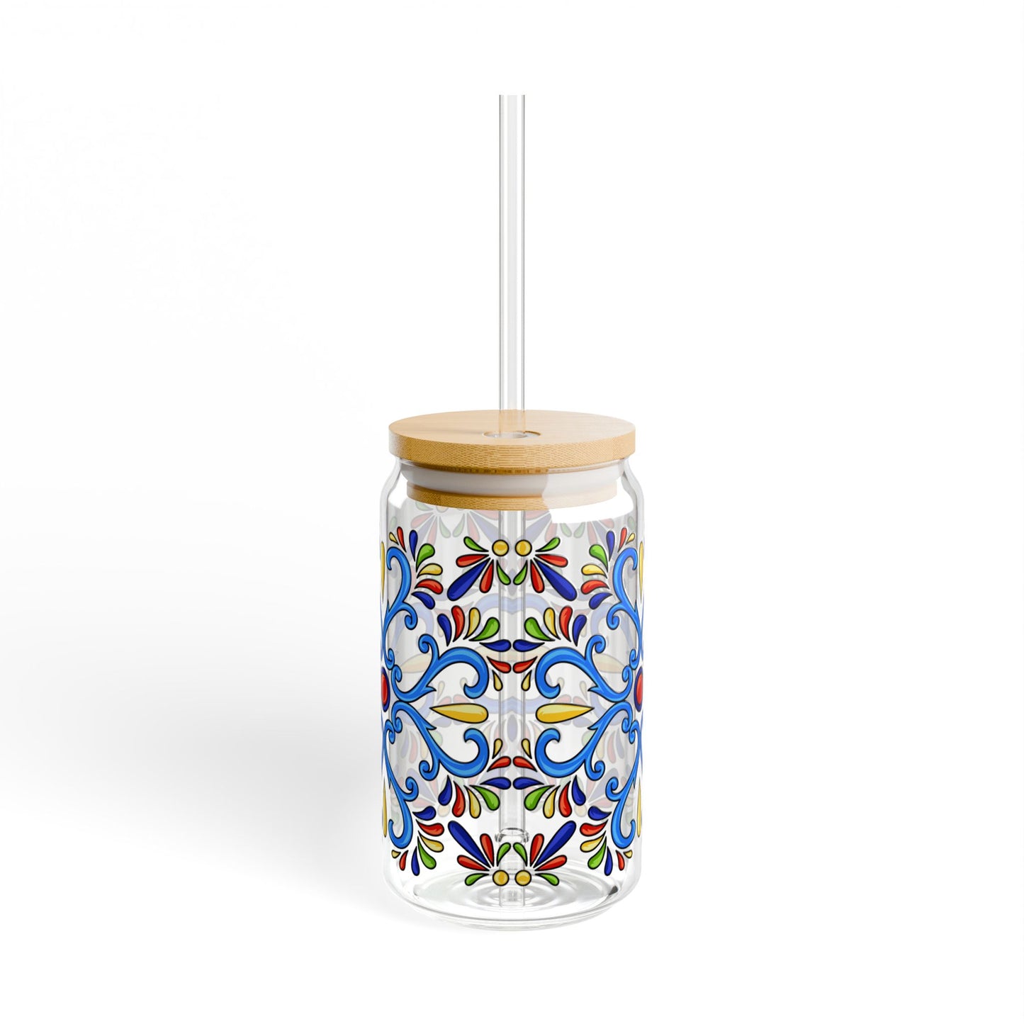 Colorful Folk Mosaic Glass Cup with Lid & Straw